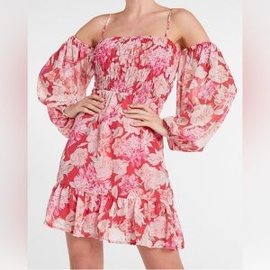 Express Floral Print Chiffon off the shoulder smocked mini dress
